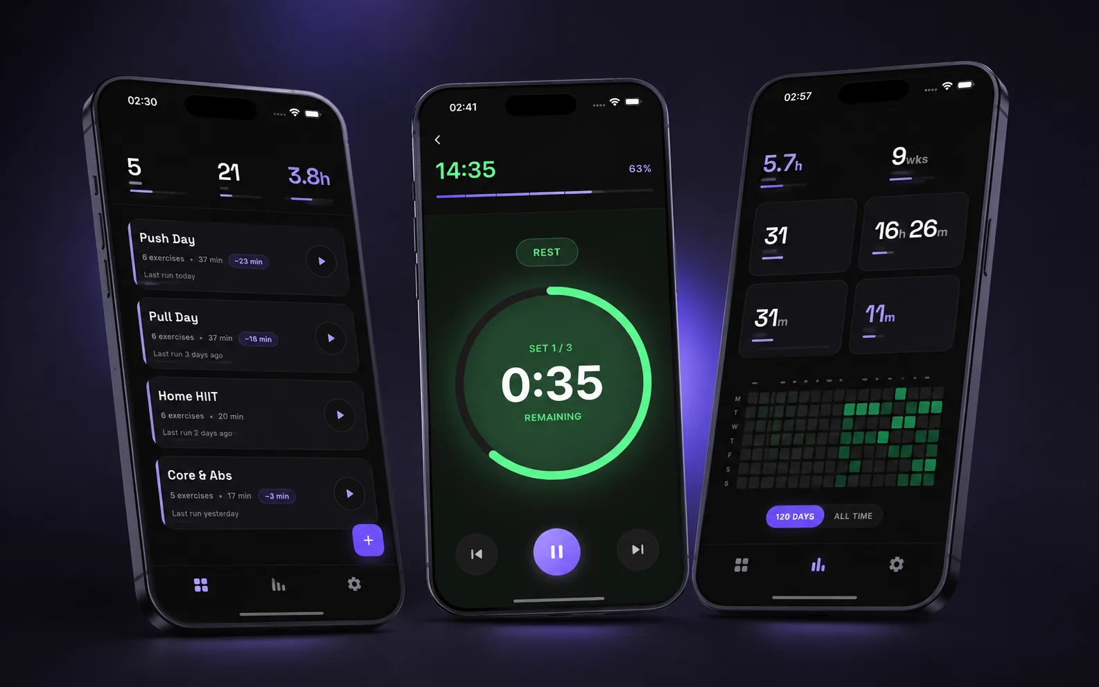 Fit On Time: routines, rest timer and training stats screens